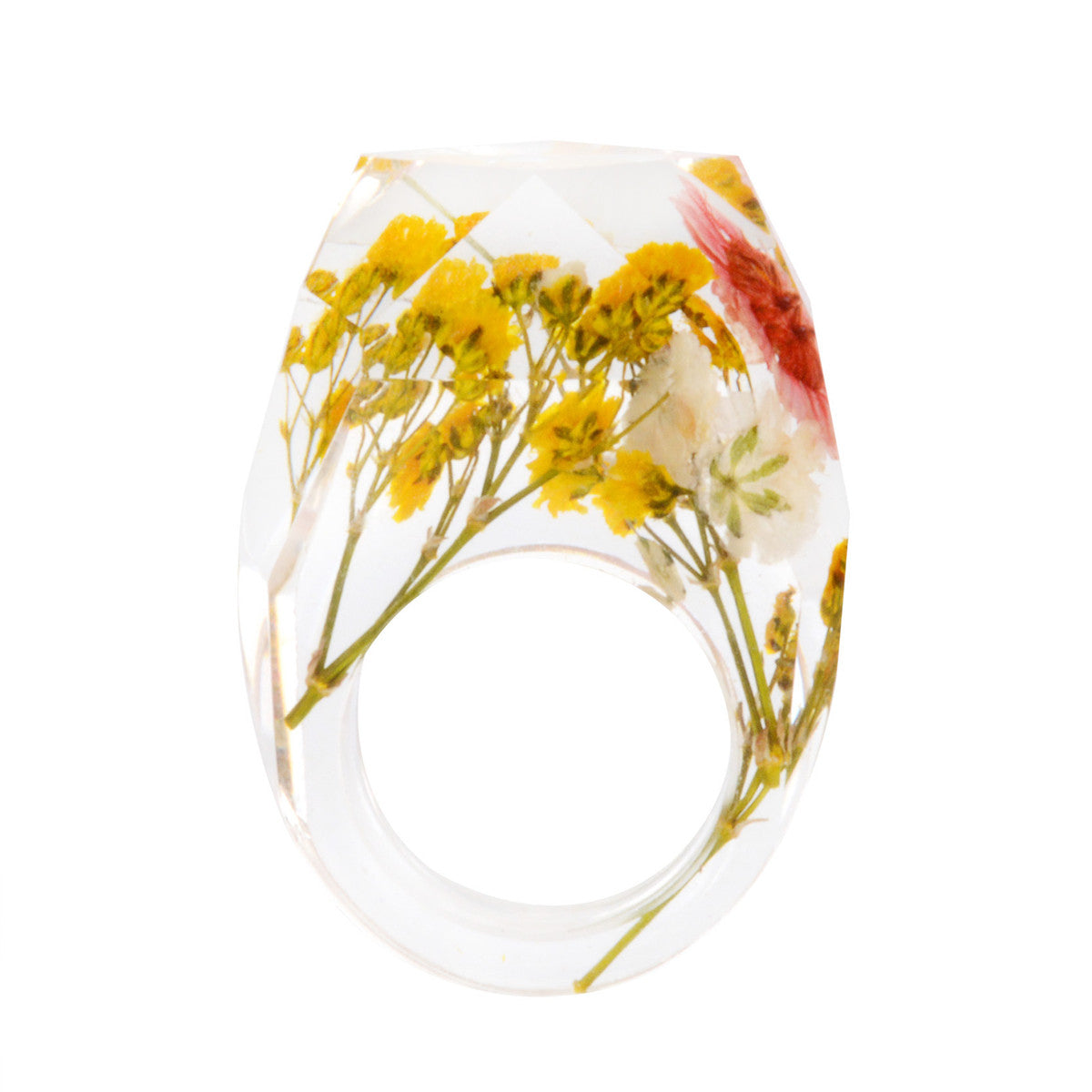 Yellow Dried Flower Ring, statement rings for women, dainty minimalist design, front view