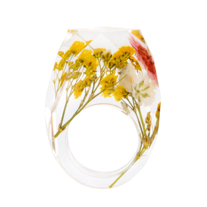 Yellow Dried Flower Ring, statement rings for women, dainty minimalist design, front view