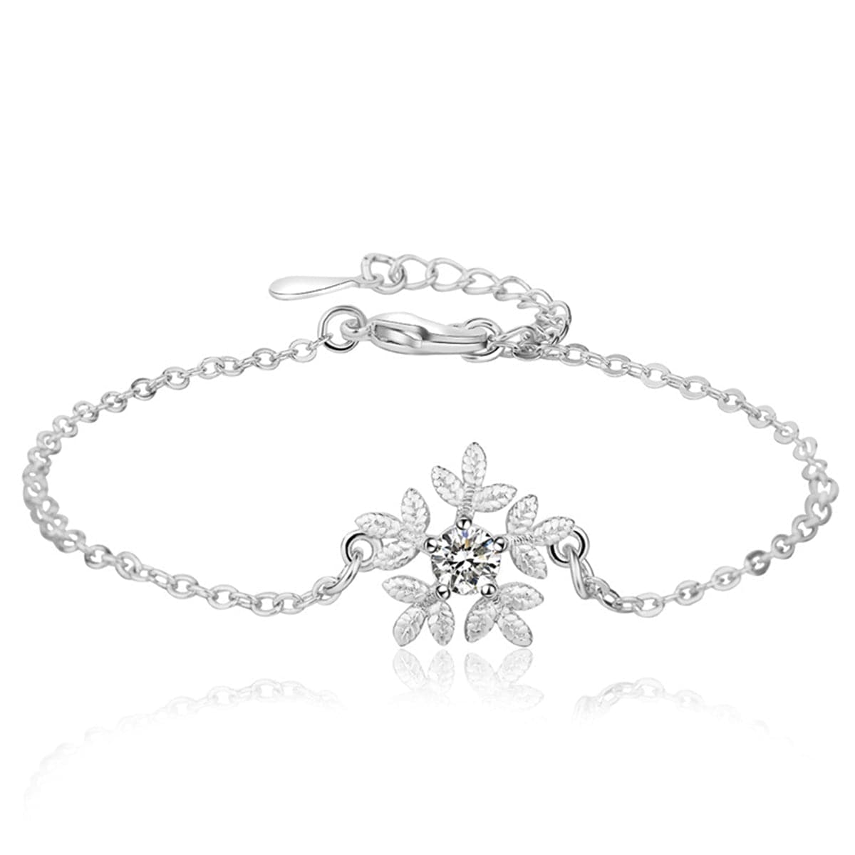 Cubic Zirconia and Silver-Plated Snowflake Charm Bracelet, silver bracelet for women, dainty minimalist design, front view
