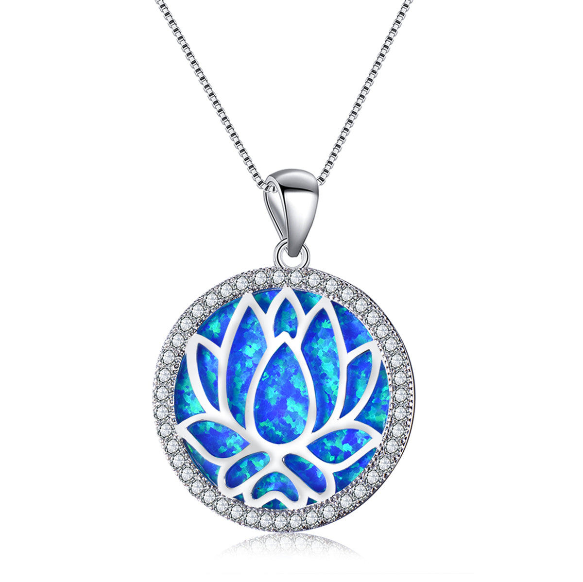 Blue Opal and Cubic Zirconia Round Lotus Pendant Necklace, pendant necklace for women, vintage-inspired design, side view