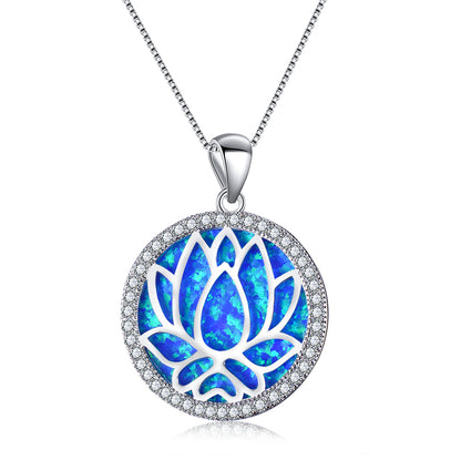 Blue Opal and Cubic Zirconia Round Lotus Pendant Necklace, pendant necklace for women, vintage-inspired design, side view