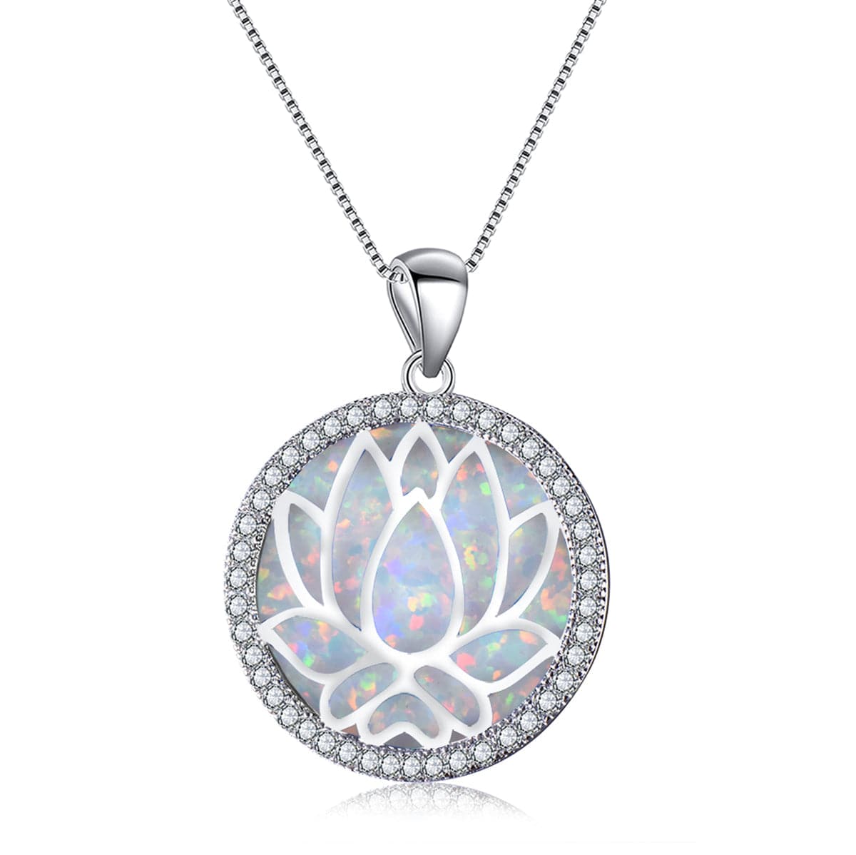 Opal & Cubic Zirconia Round Lotus Pendant Necklace