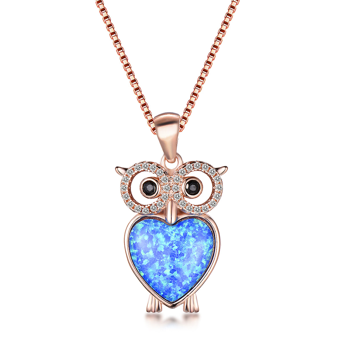 Blue Opal and Clear Cubic Zirconia Owl Pendant Necklace, pendant necklace for women, vintage-inspired design, front view