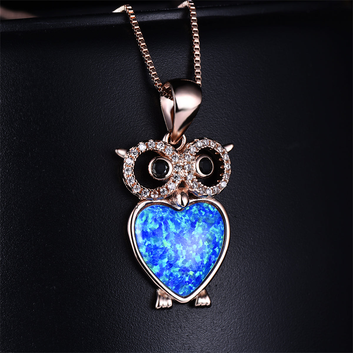 Blue Opal and Clear Cubic Zirconia Owl Pendant Necklace, pendant necklace for women, vintage-inspired design, detail close-up