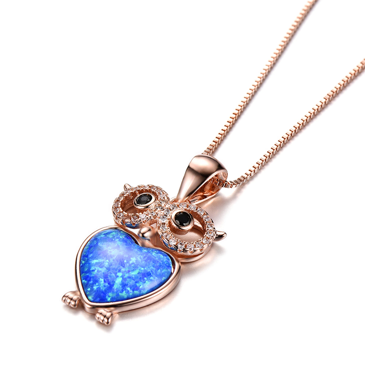 Blue Opal and Clear Cubic Zirconia Owl Pendant Necklace, pendant necklace for women, vintage-inspired design, side view