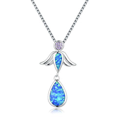 Blue Opal & Purple cubic zirconia Angel Wing Pendant Necklace - streetregion