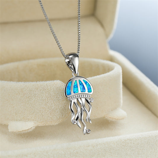 Blue Opal and Clear Cubic Zirconia Jellyfish Pendant Necklace, pendant necklace for women, botanical inspired, front view