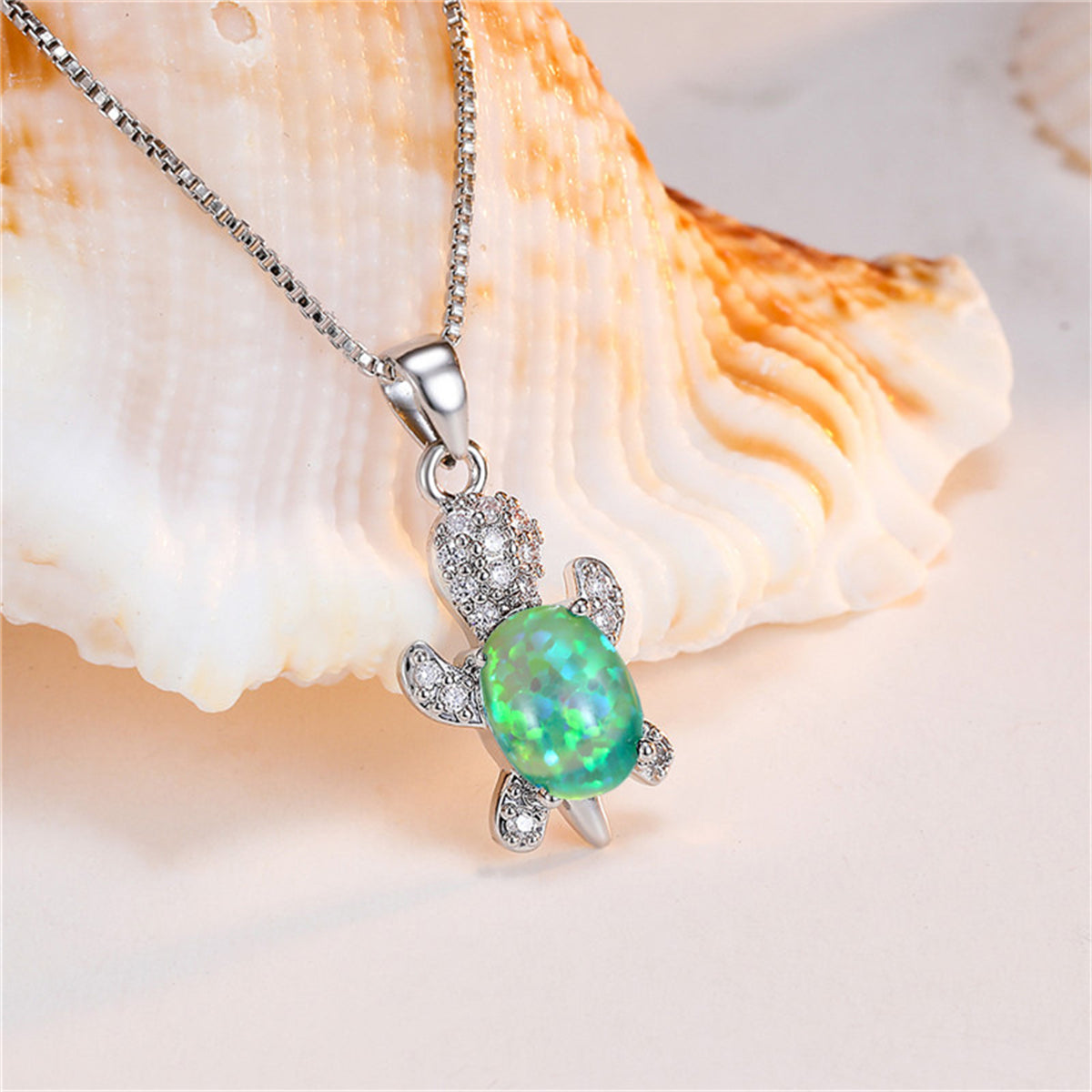 Green Opal and Cubic Zirconia Silver-Plated Turtle Pendant Necklace, silver pendant necklace for women, front view