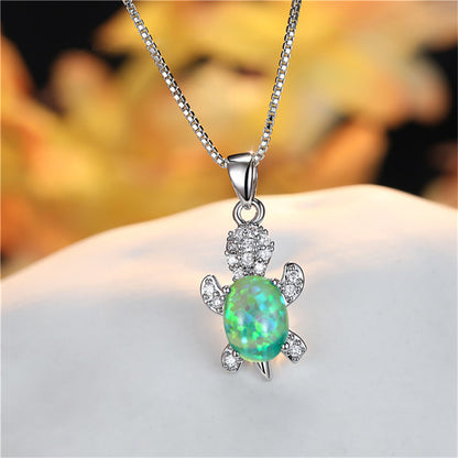 Green Opal and Cubic Zirconia Silver-Plated Turtle Pendant Necklace, silver pendant necklace for women, detail close-up