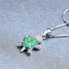 Green Opal & Cubic Zirconia Silver-Plated Turtle Pendant Necklace