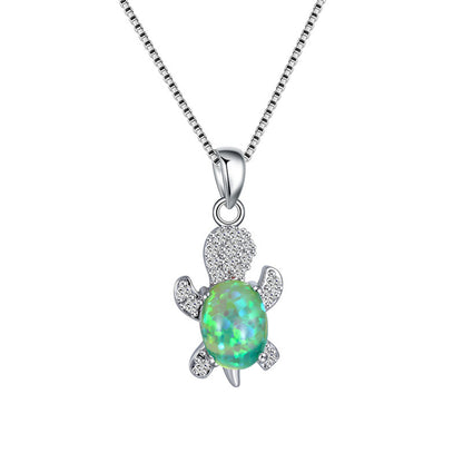 Green Opal and Cubic Zirconia Silver-Plated Turtle Pendant Necklace, silver pendant necklace for women, side view