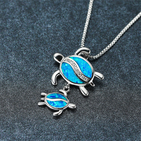 Blue Opal and Clear Cubic Zirconia Double Turtle Pendant Necklace, pendant necklace for women, front view