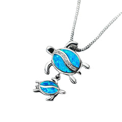 Blue Opal & Clear Cubic Zirconia Double Turtle Pendant Necklace