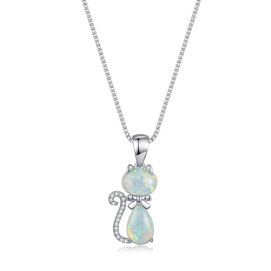 White Opal and Cubic Zirconia Cat Pendant Necklace, pendant necklace for women, everyday style, front view