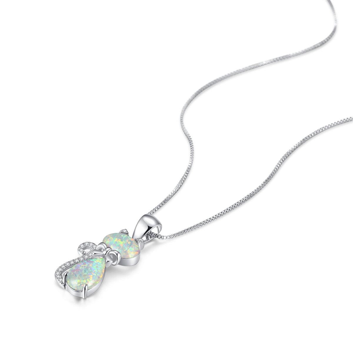 White Opal and Cubic Zirconia Cat Pendant Necklace, pendant necklace for women, everyday style, detail close-up