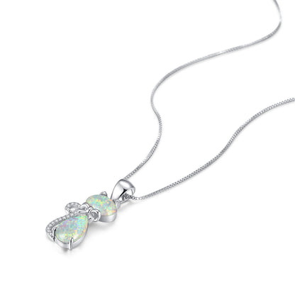 White Opal and Cubic Zirconia Cat Pendant Necklace, pendant necklace for women, everyday style, detail close-up