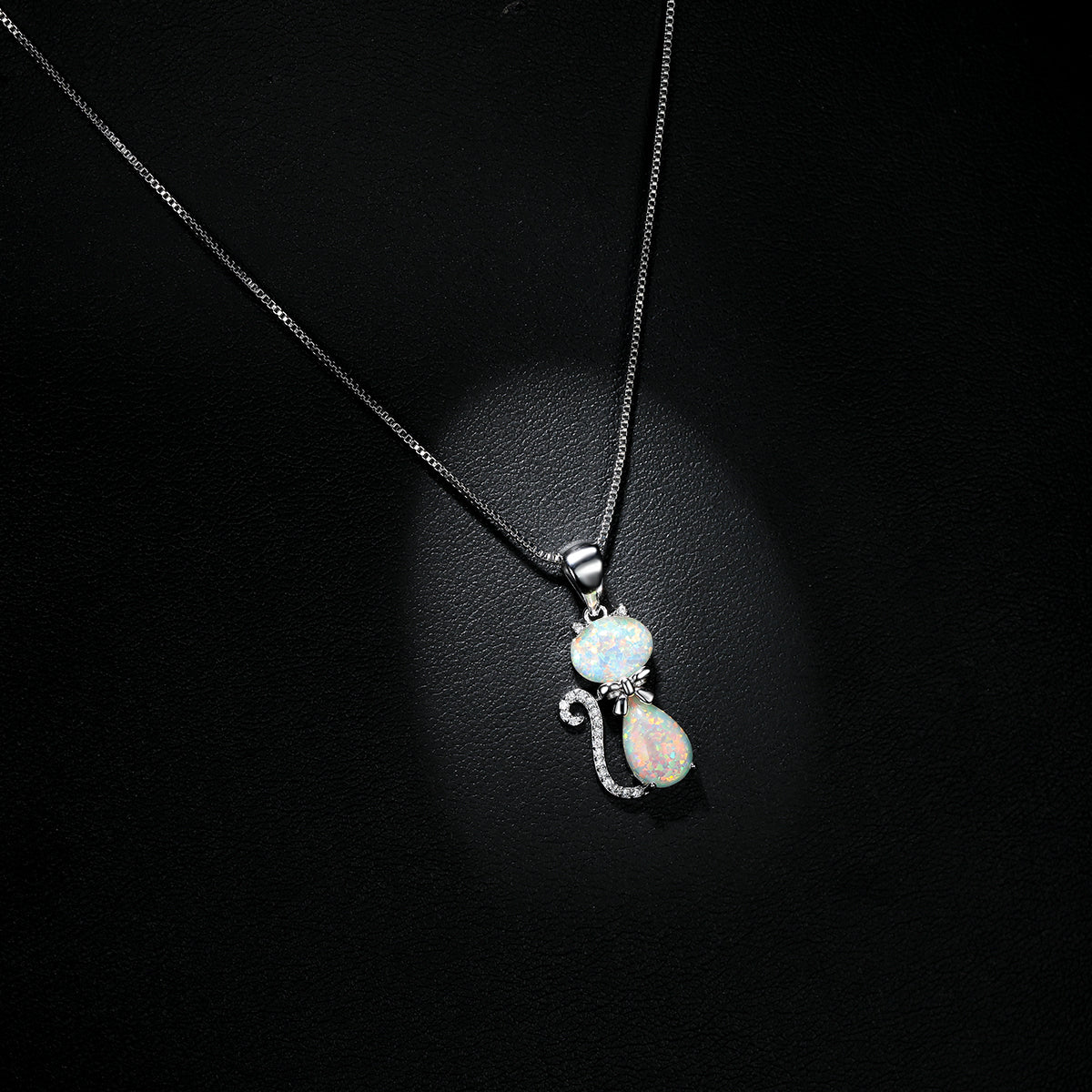 White Opal and Cubic Zirconia Cat Pendant Necklace, pendant necklace for women, everyday style, side view