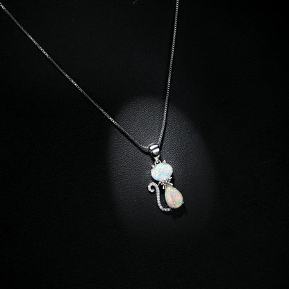 White Opal and Cubic Zirconia Cat Pendant Necklace, pendant necklace for women, everyday style, side view