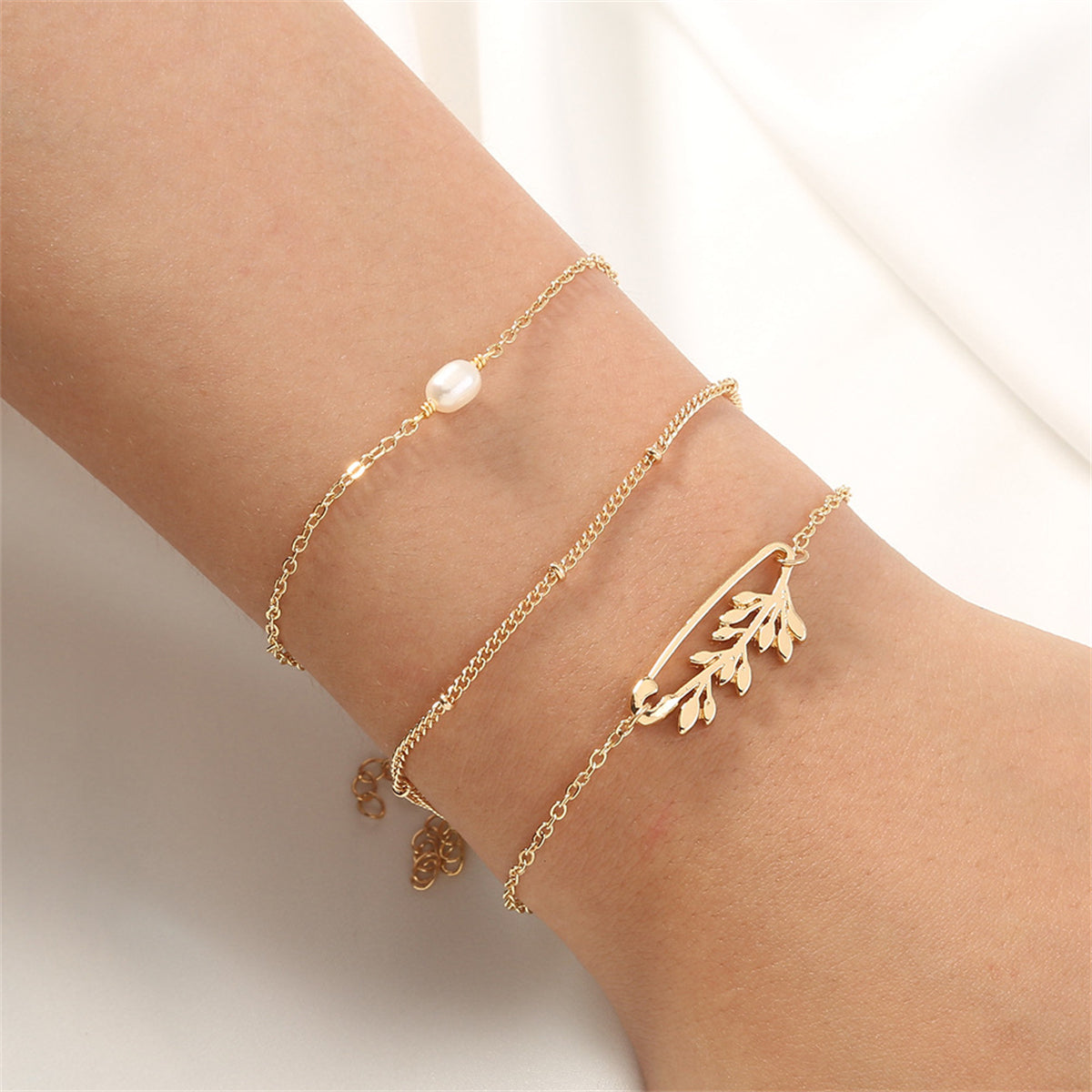 Pearl and 18K Gold-Plated Branch Charm Bracelet Set, jewelry gift sets for women, dainty minimalist design, front view