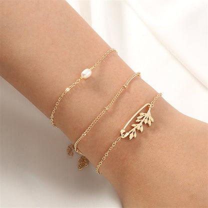Pearl and 18K Gold-Plated Branch Charm Bracelet Set, jewelry gift sets for women, dainty minimalist design, front view