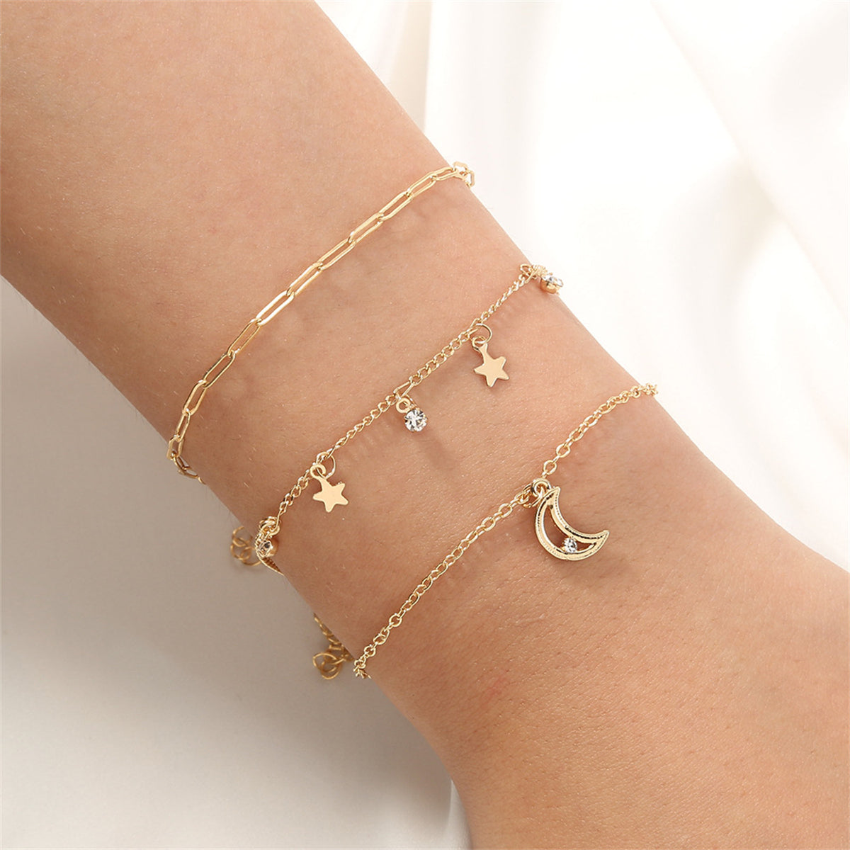Cubic Zirconia and 18K Gold-Plated Celestial Bracelet Set, jewelry gift sets for women, dainty minimalist design, front view