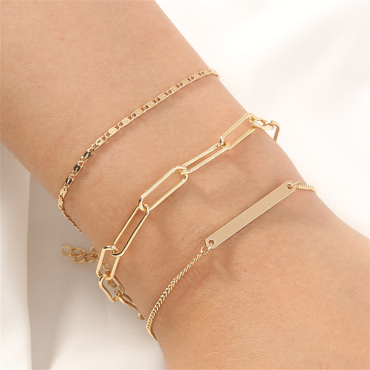 18K Gold-Plated Open Rectangle Chain Bracelet Set, jewelry gift sets for women, vintage-inspired design, front view