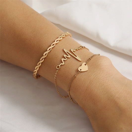 18K Gold-Plated Heartbeat Bracelet and Cuff Set, jewelry gift sets for women, vintage-inspired design, front view