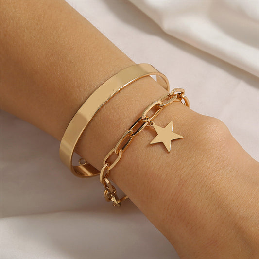 18K Gold-Plated Star Charm Bracelet Set, jewelry gift sets for women, everyday style, front view