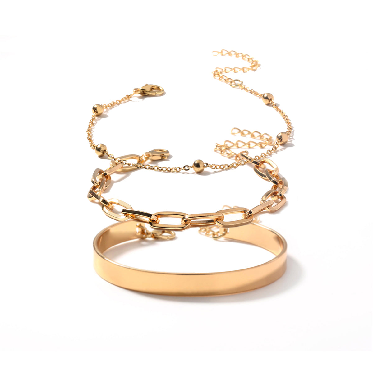 A stunning arrangement of two gold chains and a bracelet on a white background, featuring an 18K gold-plated finish.