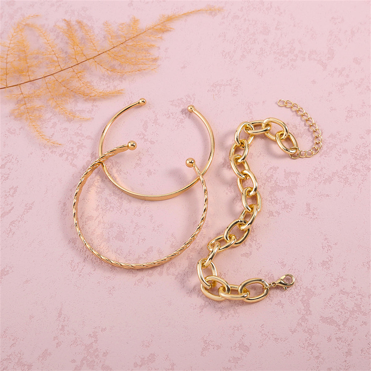 18K Gold-Plated Twine Cuff and Cable Bracelet Set, jewelry gift sets for women, elegant gift for her, detail close-up
