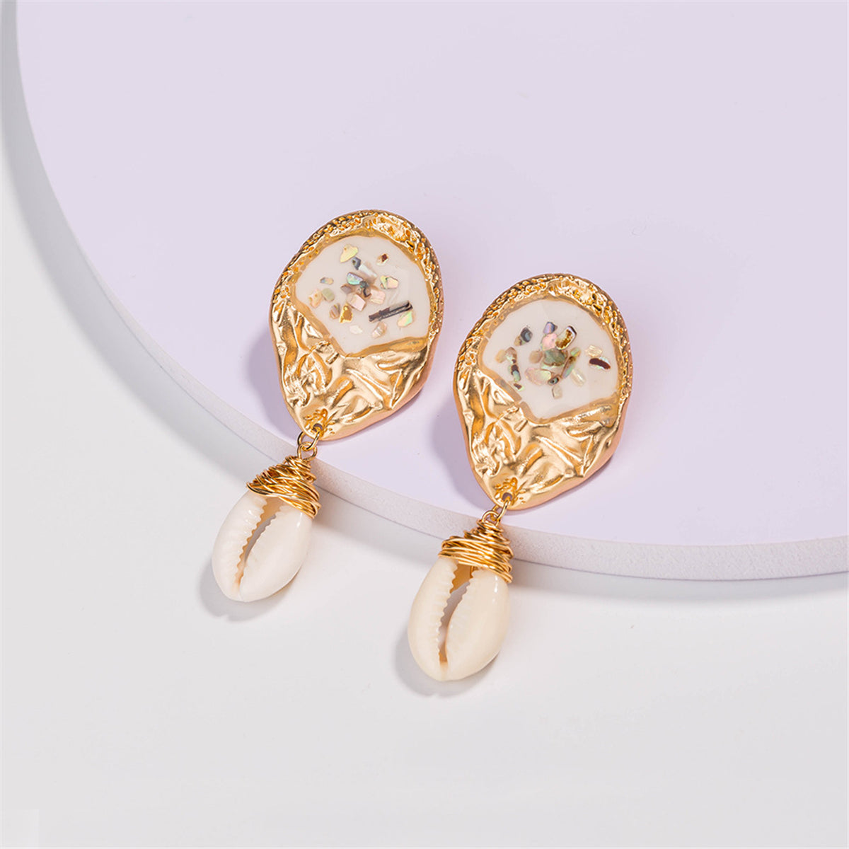 Shell and 18K Gold-Plated Pukka Shell Drop Earrings, gold drop earrings for women, vintage-inspired design, front view