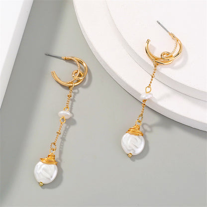 Pearl and 18K Gold-Plated Crescent Linked Drop Earrings, gold drop earrings for women, dainty minimalist design, side view