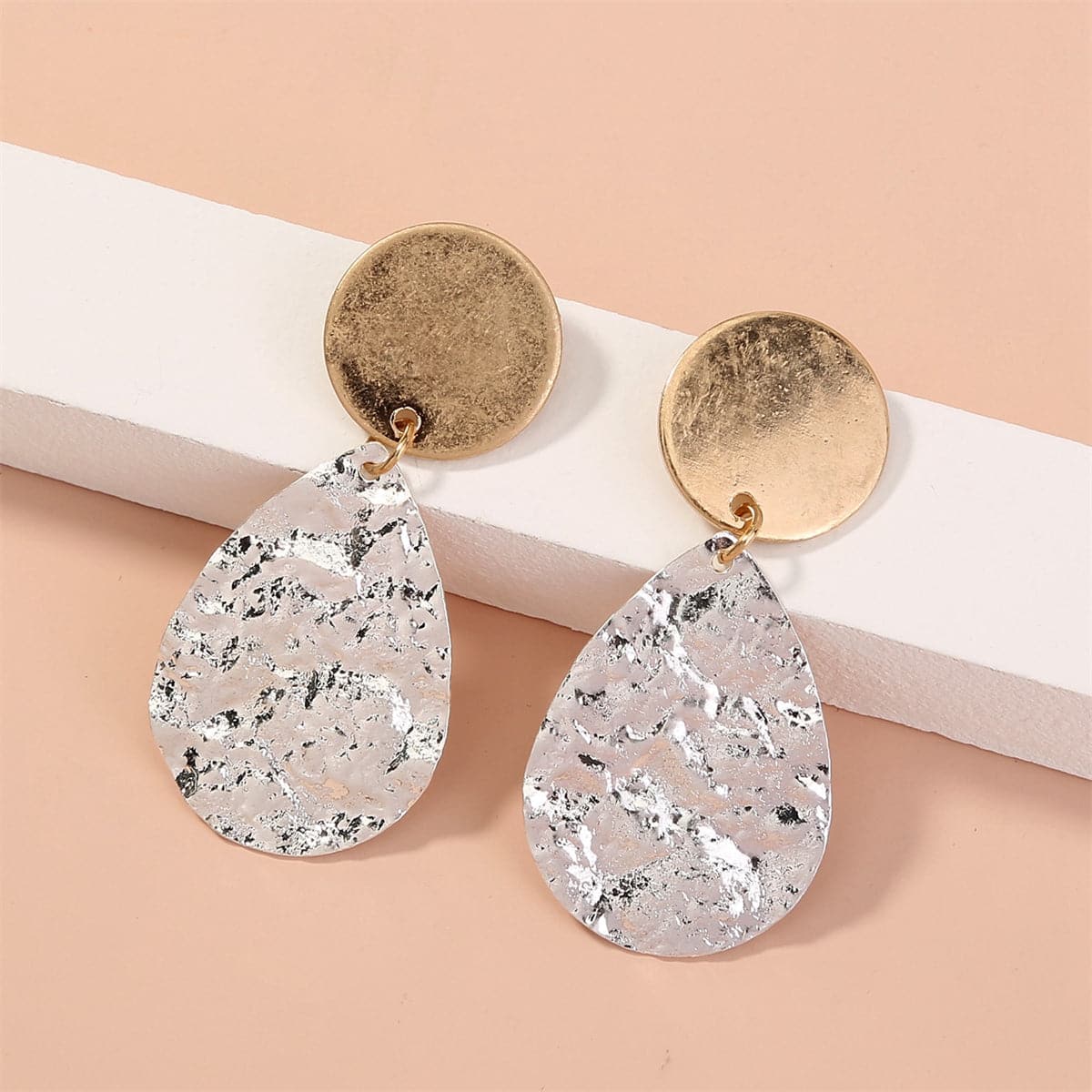 Two Tone Hammered Drop Earrings, drop earrings for women, vintage-inspired design, front view