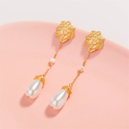 Pearl and 18K Gold-Plated Irregular Drop Earrings, gold drop earrings for women, botanical inspired, front view