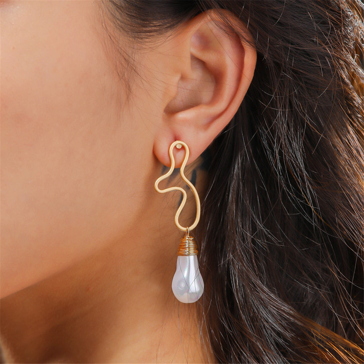 Pearl and 18K Gold-Plated Open Geometric Drop Earrings, gold drop earrings for women, everyday style, front view