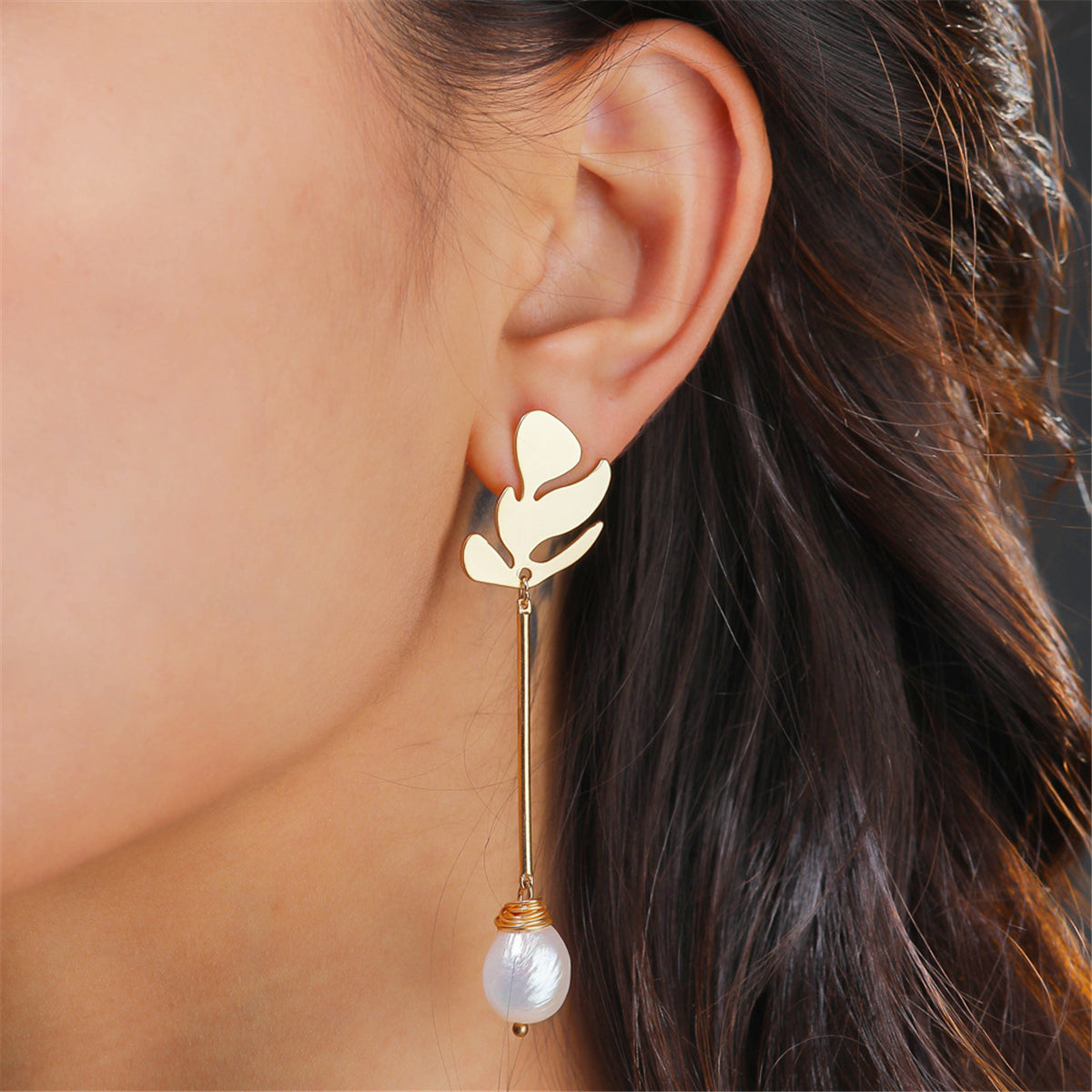 Pearl and 18K Gold-Plated Leaf Drop Earrings, gold drop earrings for women, vintage-inspired design, front view