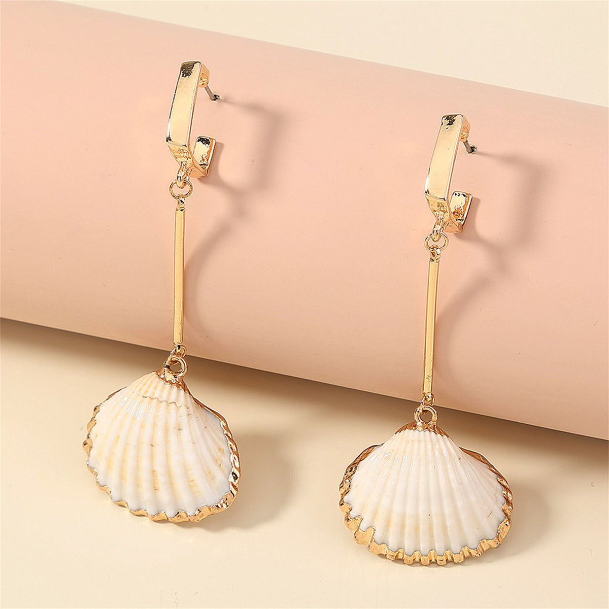 White Shell and 18K Gold-Plated Drop Earrings, gold drop earrings for women, vintage-inspired design, front view