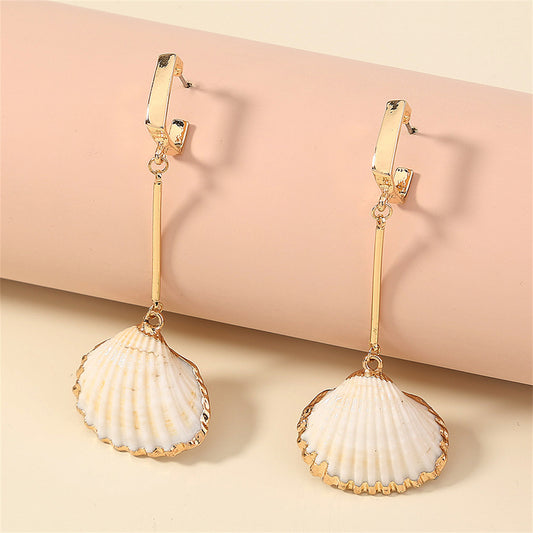White Shell and 18K Gold-Plated Drop Earrings, gold drop earrings for women, vintage-inspired design, front view