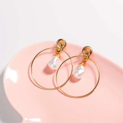 Pearl and 18K Gold-Plated Circle Drop Earrings, gold drop earrings for women, everyday style, detail close-up