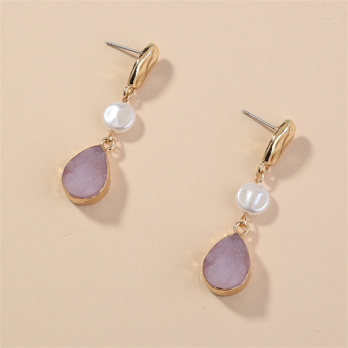 Pearl and Pink Resin 18K Gold-Plated Drop Earrings, gold drop earrings for women, everyday style, front view