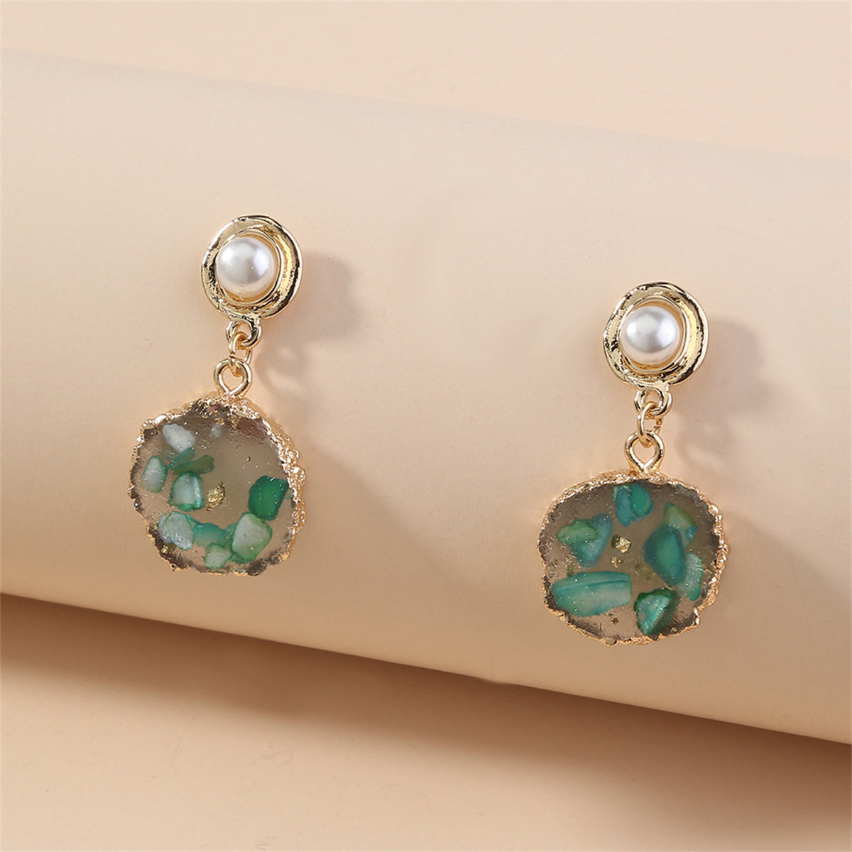 Green Resin and Pearl 18K Gold-Plated Tiered Drop Earrings, gold drop earrings for women, elegant gift for her, front view