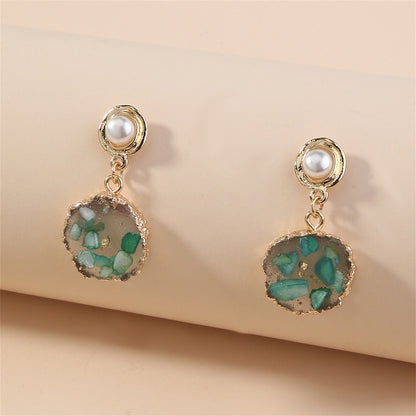 Green Resin and Pearl 18K Gold-Plated Tiered Drop Earrings, gold drop earrings for women, elegant gift for her, front view