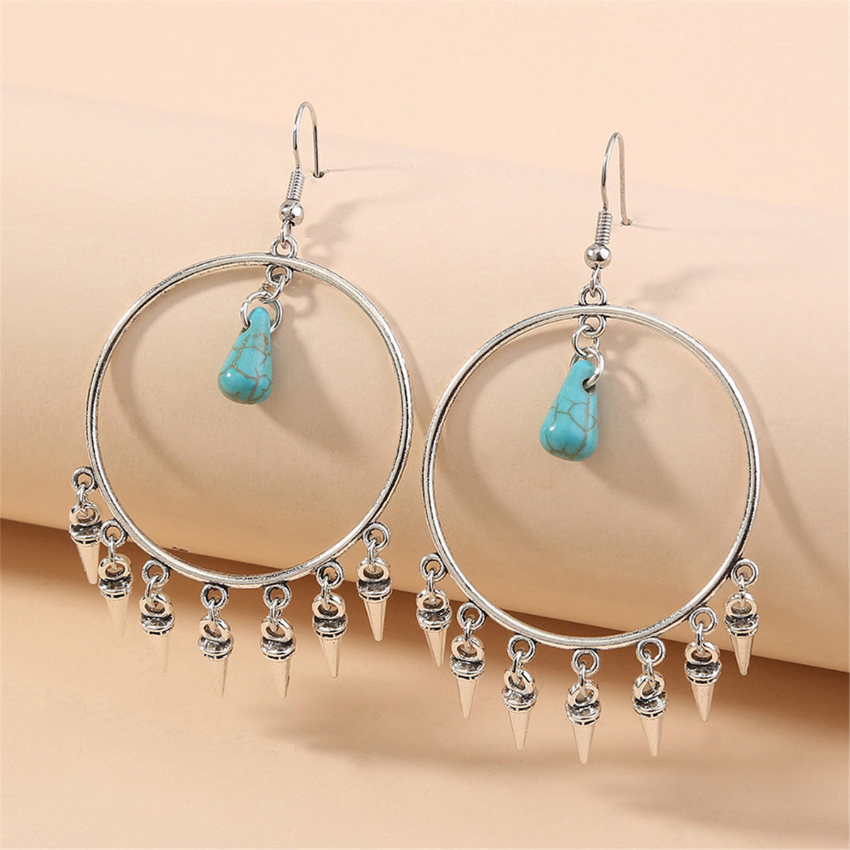 Turquoise and Silver-Plated Bullet Tassel Drop Earrings, silver drop earrings for women, dainty minimalist design, front view