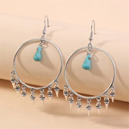 Turquoise and Silver-Plated Bullet Tassel Drop Earrings, silver drop earrings for women, dainty minimalist design, front view