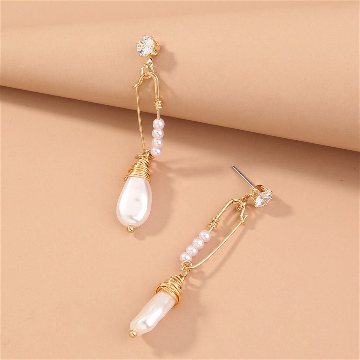 Cubic Zirconia & Pearl 18K Gold-Plated Safety Pin Drop Earrings