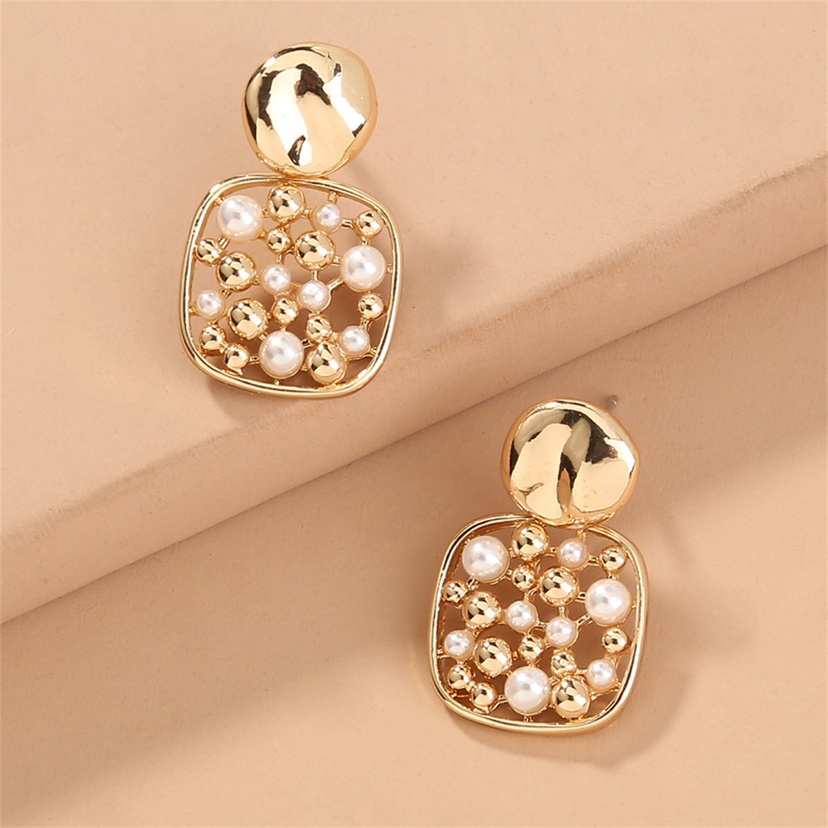 Pearl and 18K Gold-Plated Square Bezel-Set Drop Earrings, gold drop earrings for women, vintage-inspired design, front view