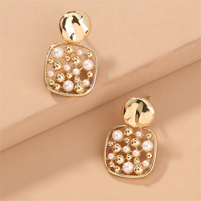 Pearl and 18K Gold-Plated Square Bezel-Set Drop Earrings, gold drop earrings for women, vintage-inspired design, front view