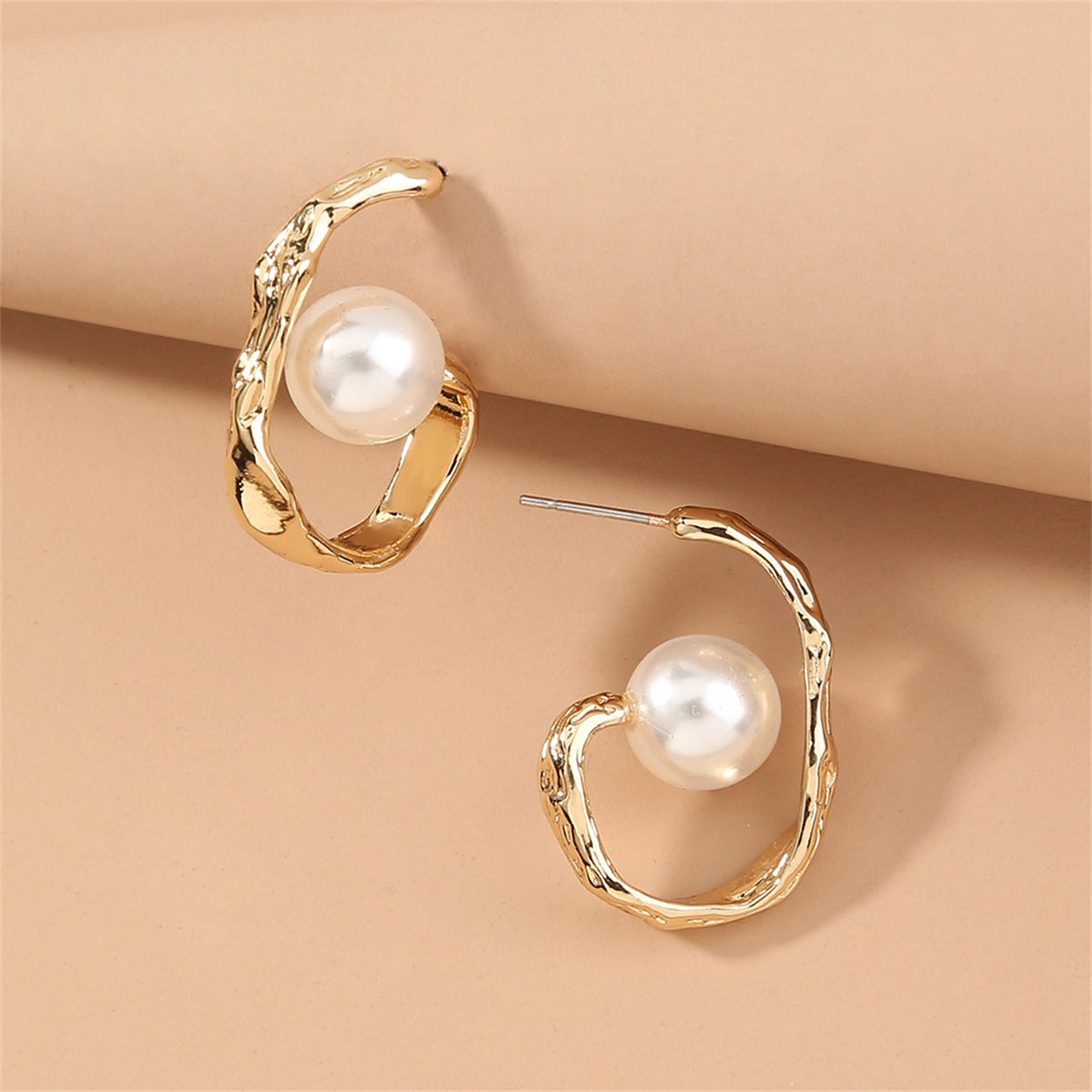 Pearl and 18K Gold-Plated Huggie Earrings, gold huggie earrings, botanical inspired, front view