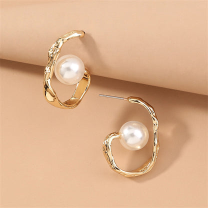 Pearl and 18K Gold-Plated Huggie Earrings, gold huggie earrings, botanical inspired, front view
