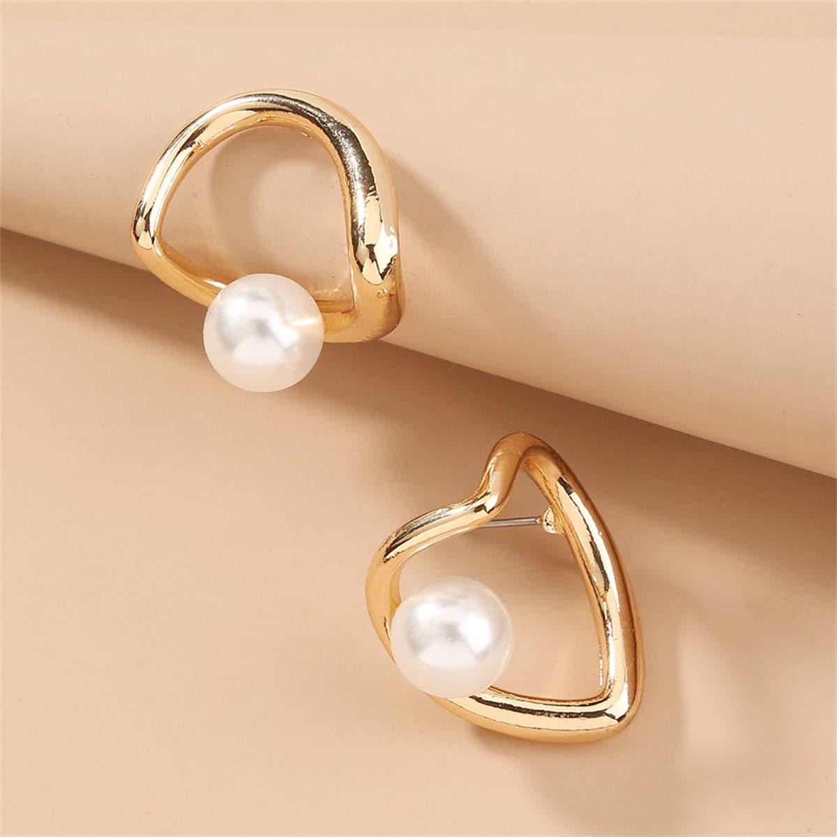 Pearl and 18K Gold-Plated Open Heart Stud Earrings, gold stud earrings for women, elegant gift for her, front view